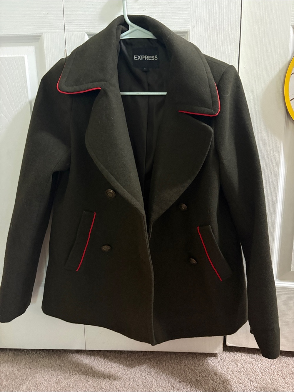 Express Olive Green Peacoat with Red Trim never worn
